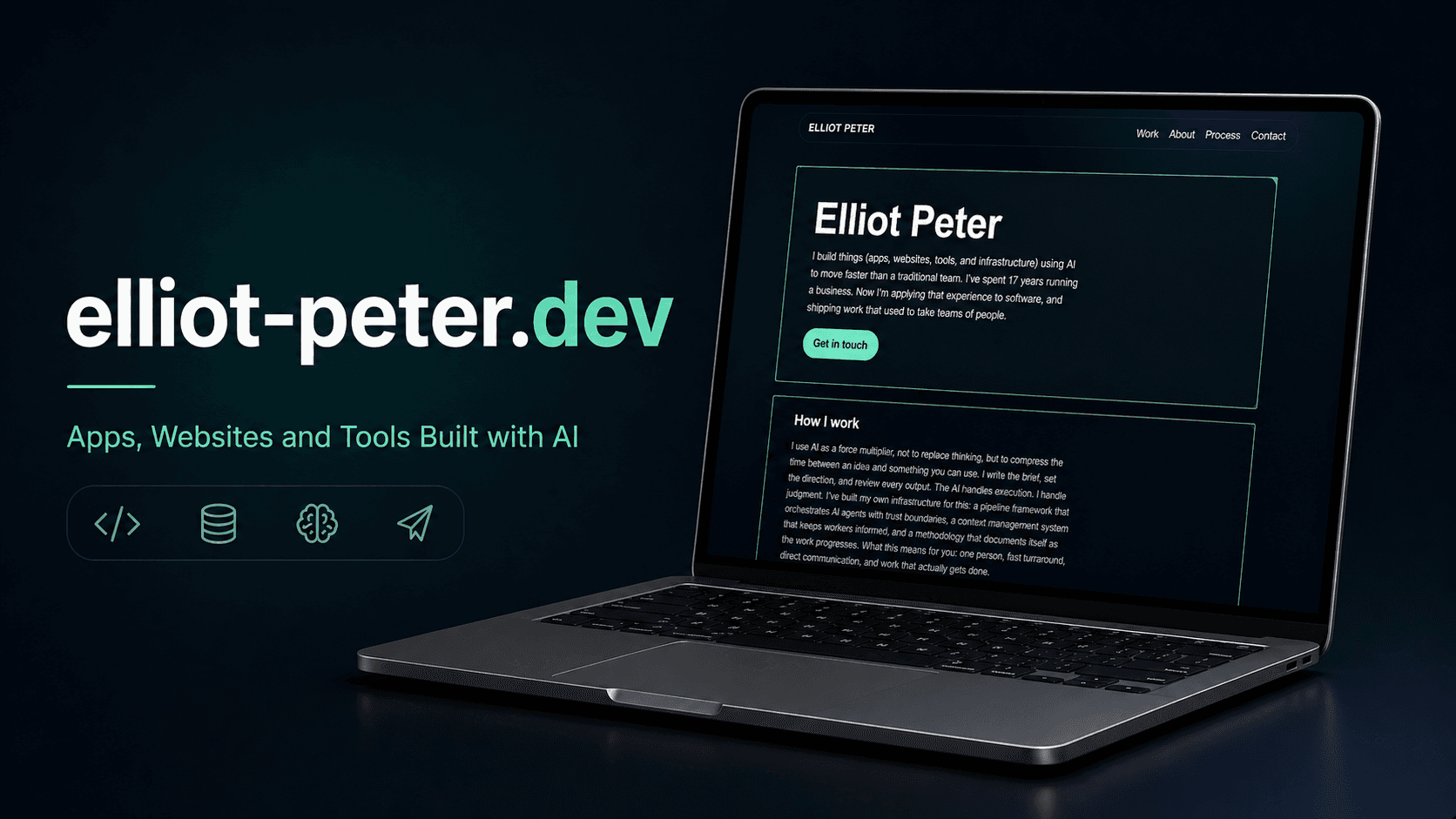 Elliot-peter.dev shown on a laptop,dark theme with mint accent, "Elliot Peter" and "How I work" sections visible.