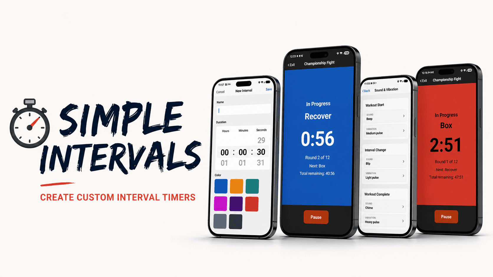 Simple Intervals interval timer app. Four iPhones showing setup, active workout, sound settings, and rest periods.